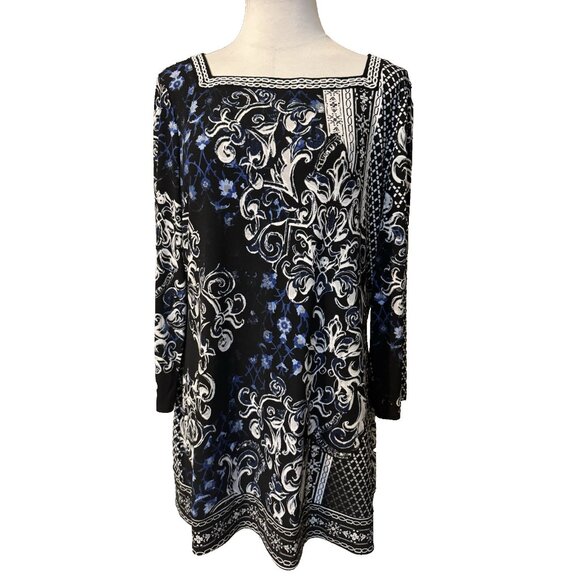 WHBM Dress Black Blue White XL Colorful 3/4 Long Sleeve Stretch Shift Washable - Picture 1 of 12